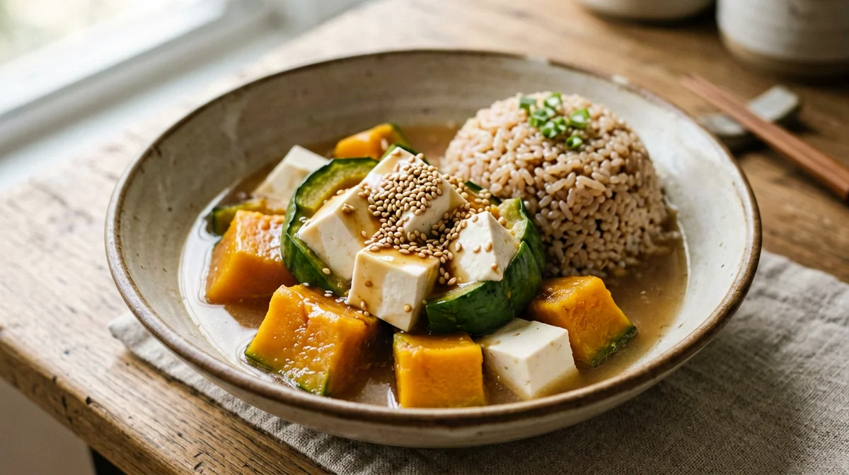 Japanese-style braised pumpkin with tofu and brown rice