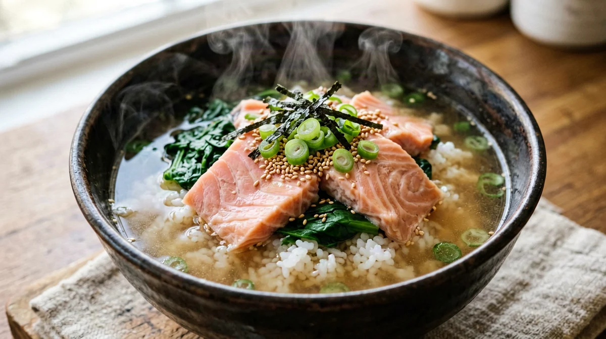 Japanese rice in broth with salmon and spring onion