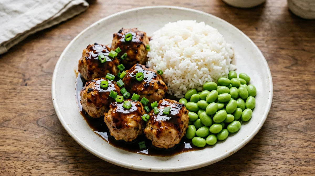 Polpette tsukune di pollo glassate al tamari con edamame