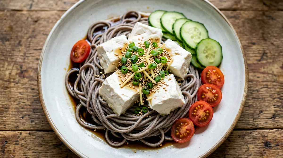 Chilled silken tofu with soba, cucumber and ginger