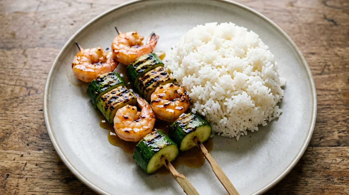 Miso prawn and zucchini skewers with jasmine rice
