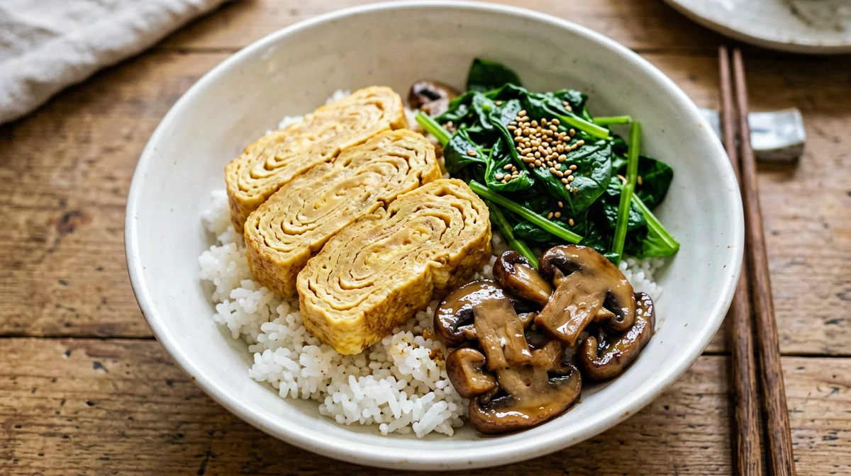 Tamagoyaki donburi with spinach and mushrooms