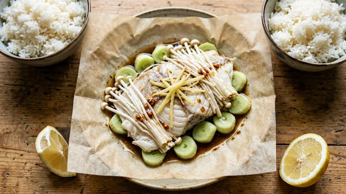 Orata al cartoccio con zenzero, tamari e funghi enoki