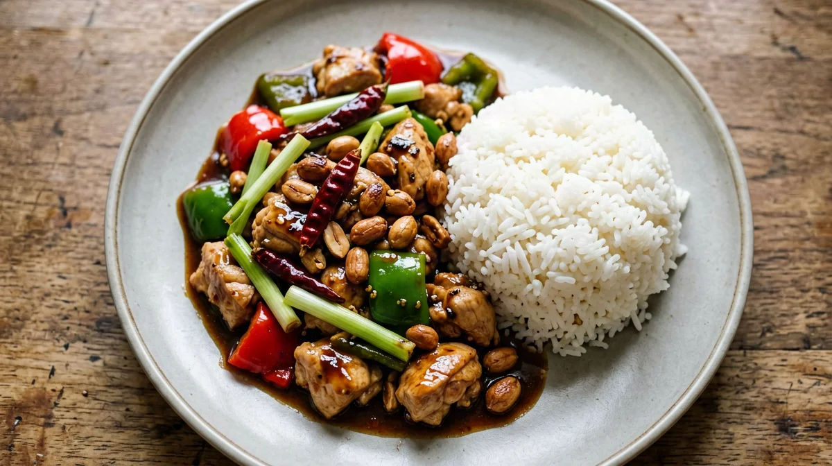 Kung pao chicken with peanuts, peppers and rice