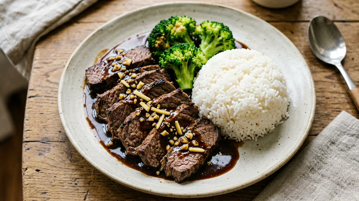 Manzo e broccoli in salsa di ostriche con riso