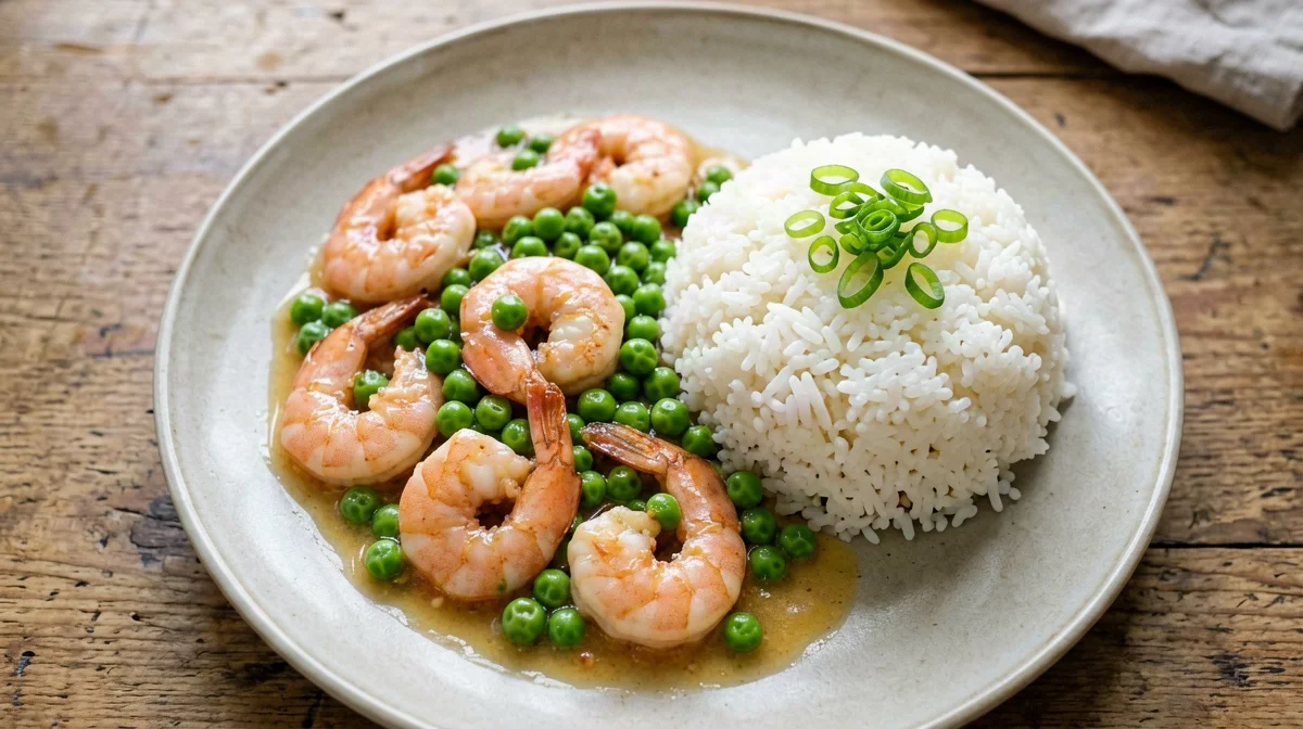 Garlic prawn and pea stir-fry with jasmine rice