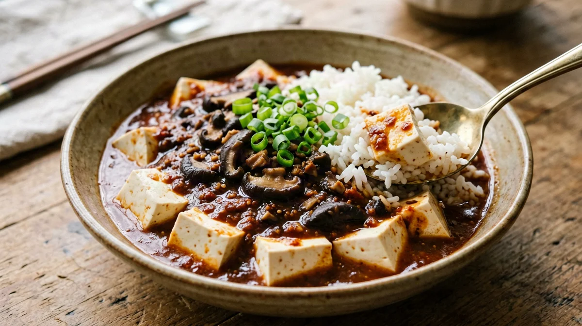 Vegan mapo tofu with shiitake and rice