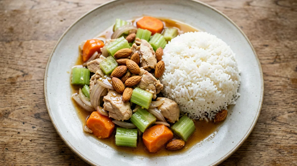 Almond chicken with celery and carrots