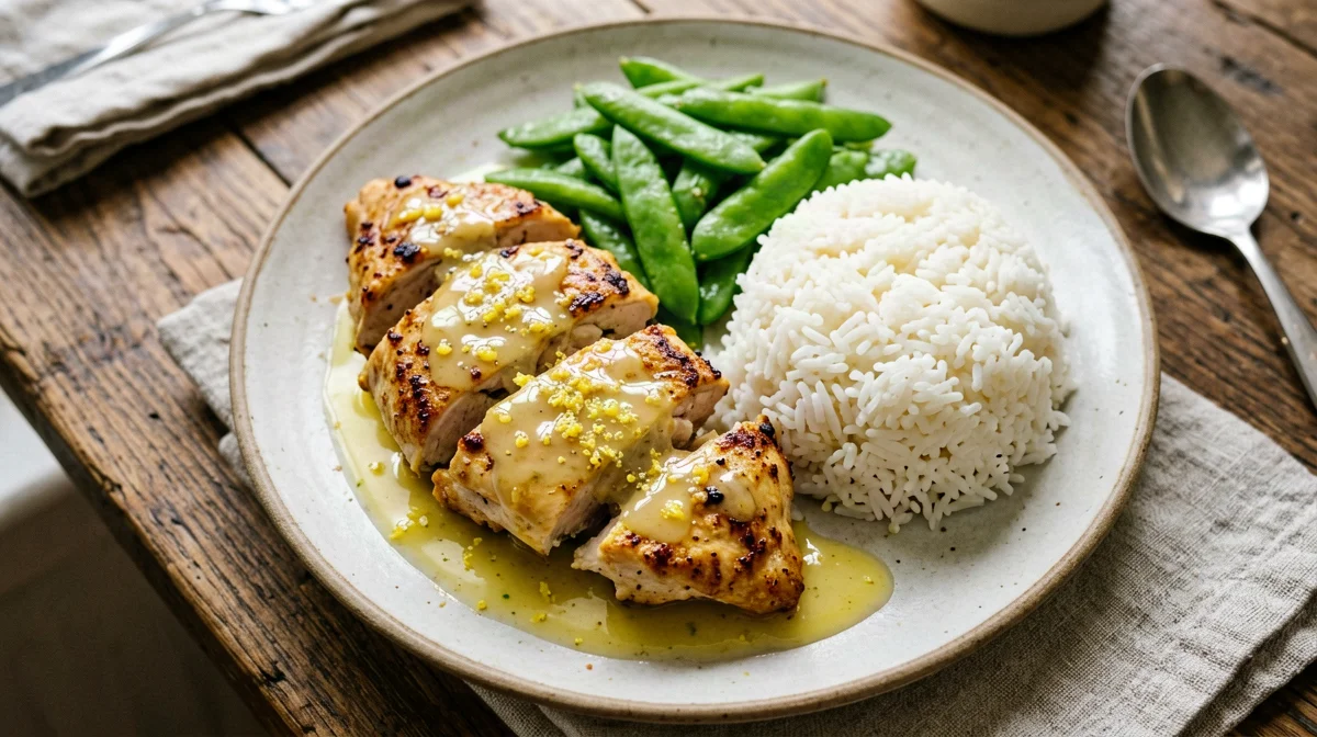 Pollo al limone in padella con taccole e riso