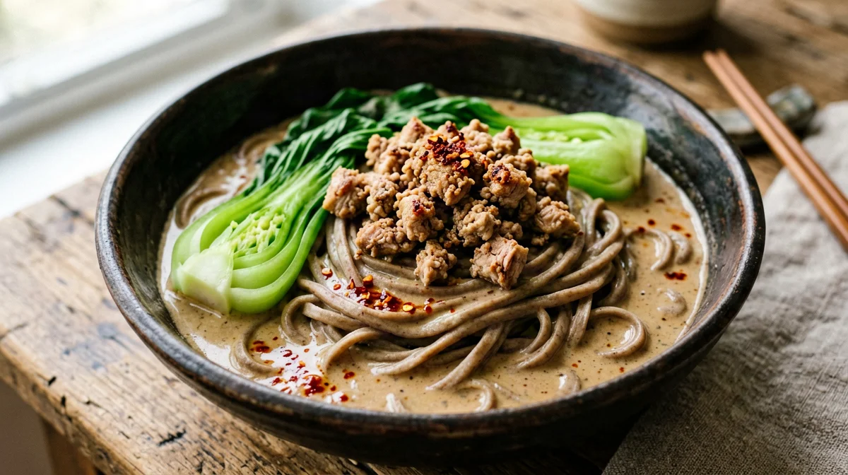 Noodle dan dan con tacchino, tahina e pak choi