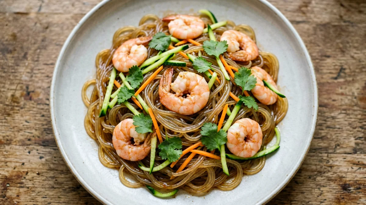 Spaghetti di soia saltati con gamberi e verdure