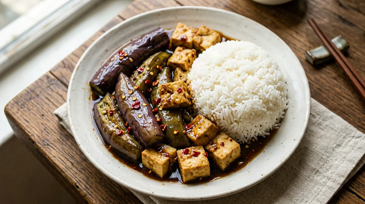 Melanzane all'aglio in stile Sichuan con tofu e riso