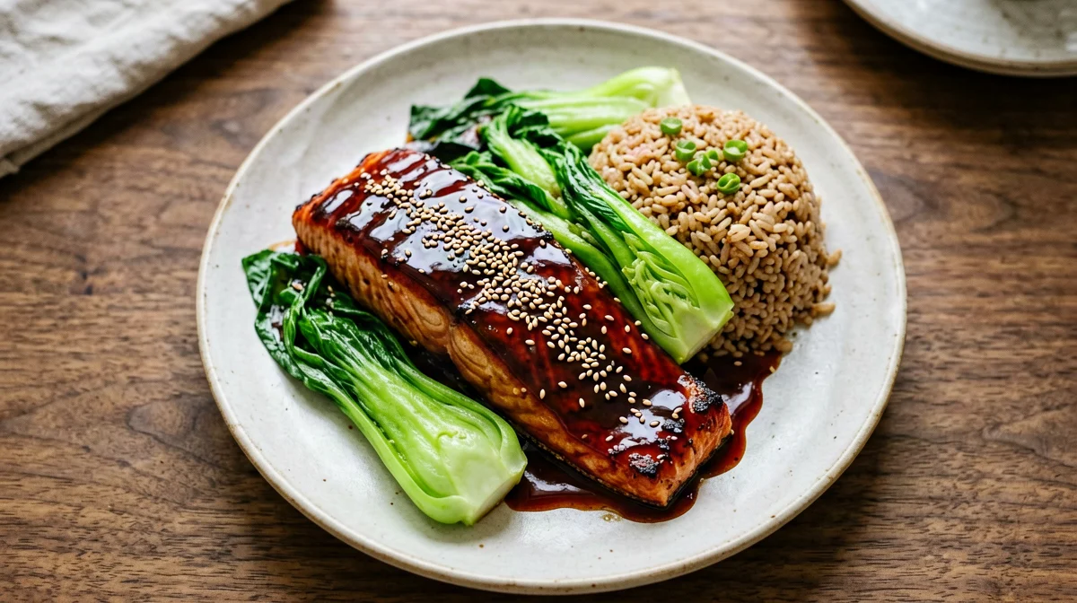 Salmone glassato alla hoisin con pak choi e riso integrale