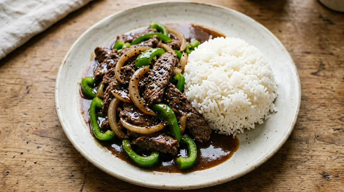 Black pepper beef with onion and green peppers