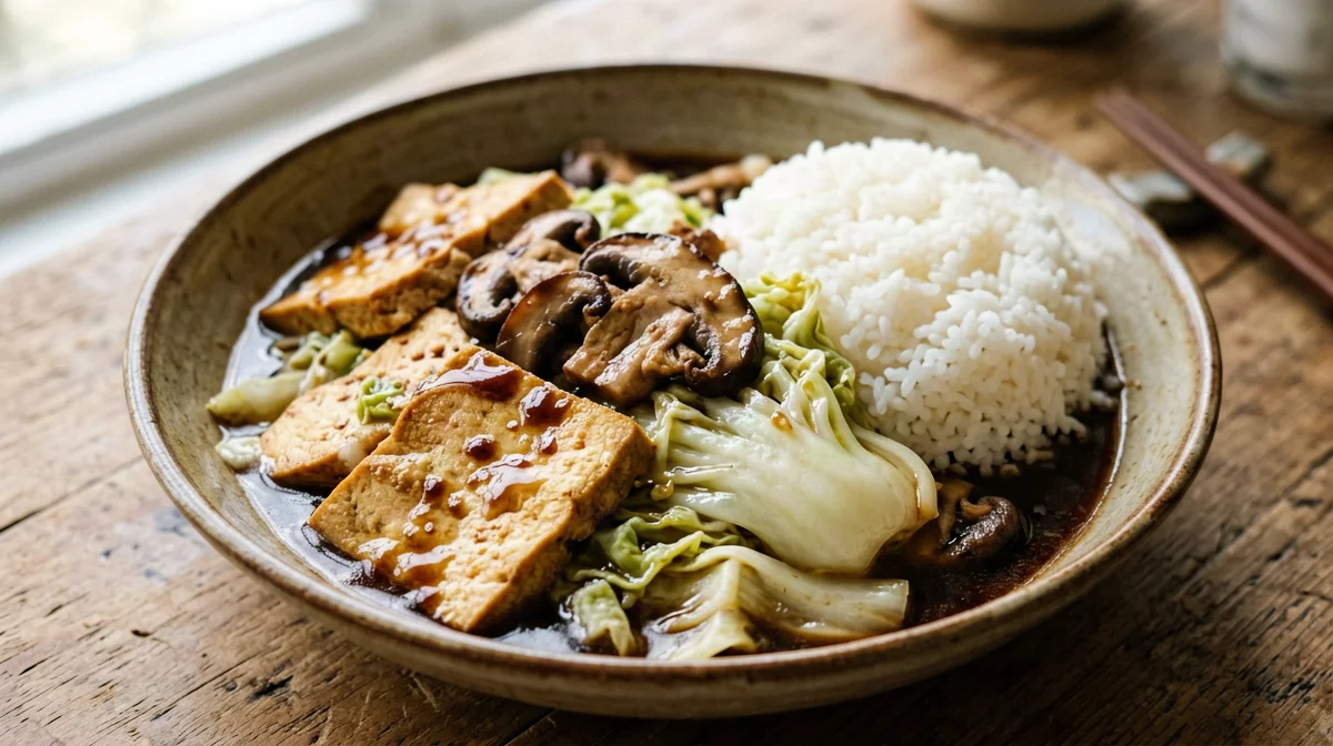 Hoisin-braised tofu with mushrooms and Napa cabbage