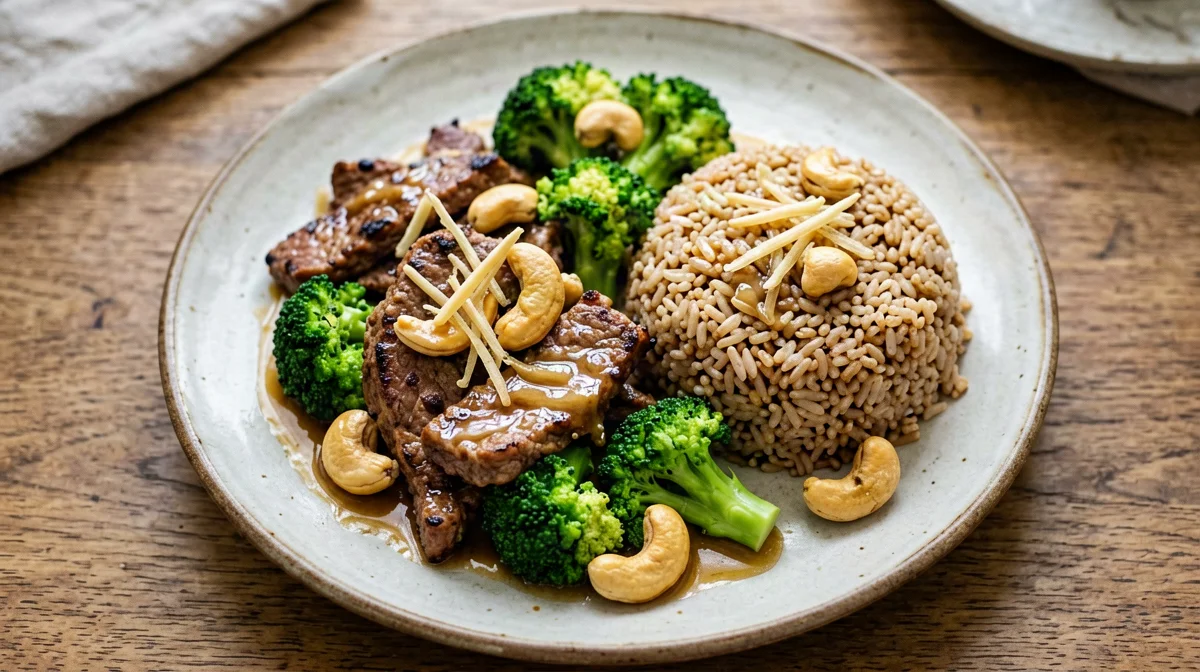 Seitan, broccoli and cashew ginger stir-fry