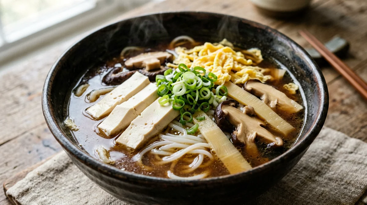 Hot and sour soup with tofu, mushrooms and rice noodles