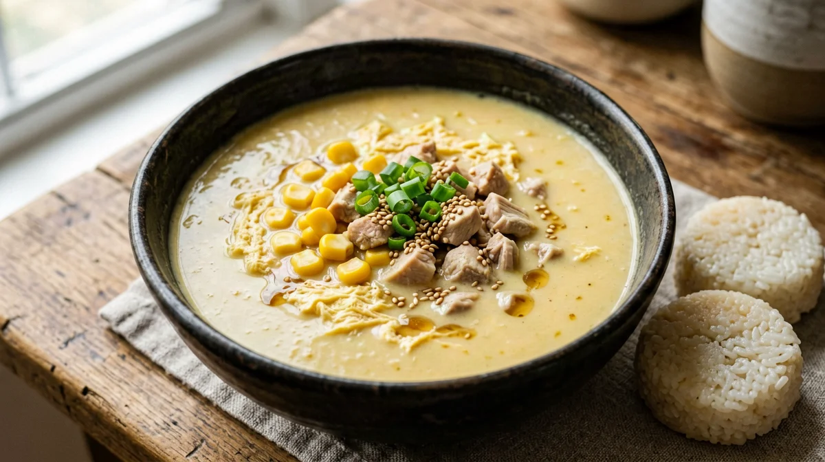 Zuppa di mais e pollo alla cinese con uovo a filo