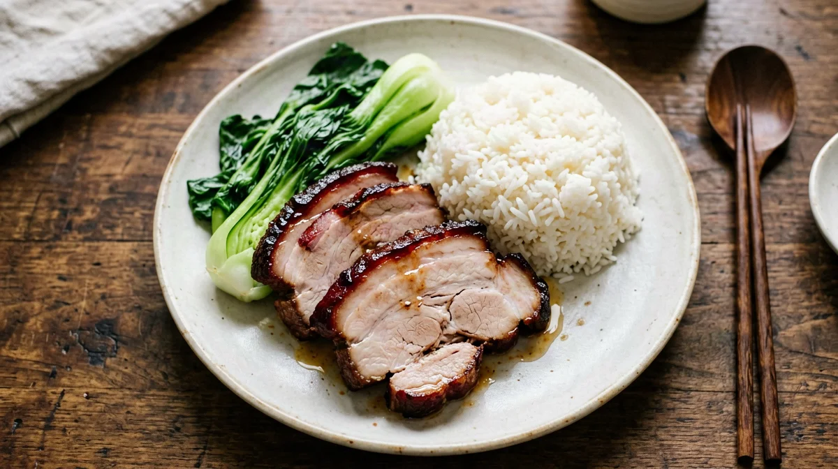 Oven-baked char siu pork tenderloin with rice and pak choi