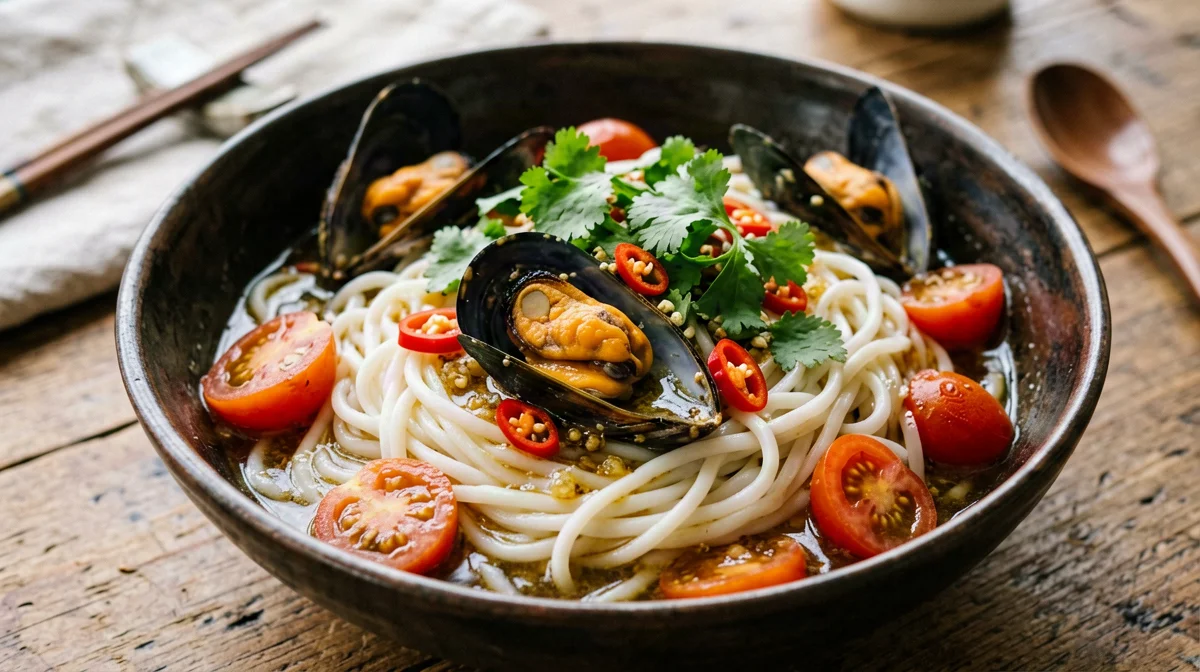 Ginger and chilli wok mussels with rice noodles