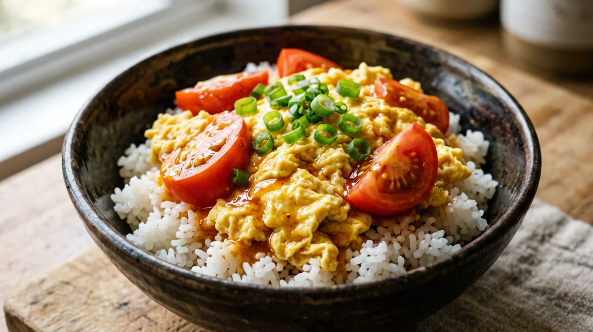 Fan qie chao dan, fluffy eggs and sweet-sour tomato over rice