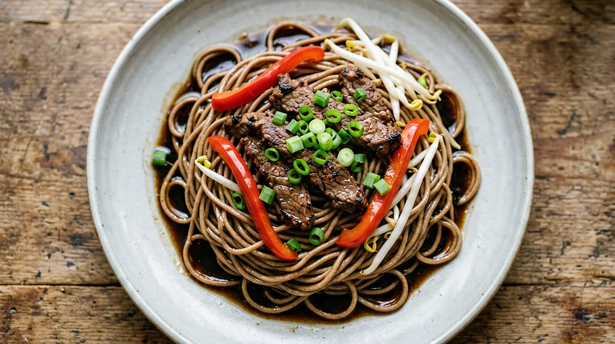 Wholewheat lo mein with beef and vegetables
