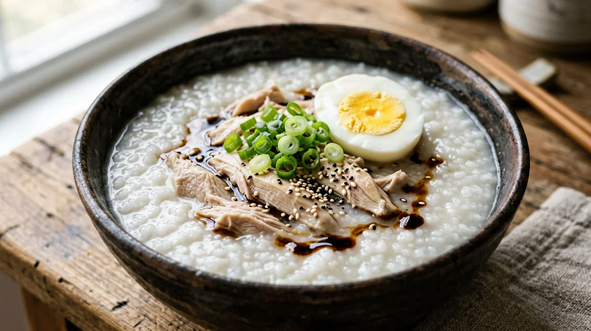 Congee di riso con pollo, zenzero e cipollotto