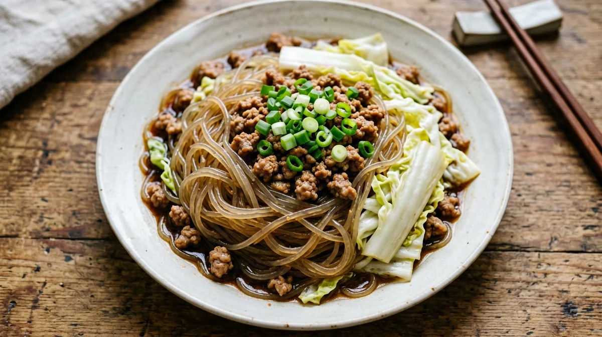 Noodle di fagioli mungo con maiale e cavolo cinese