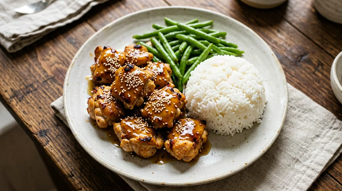 Pollo al sesamo al forno con fagiolini e riso
