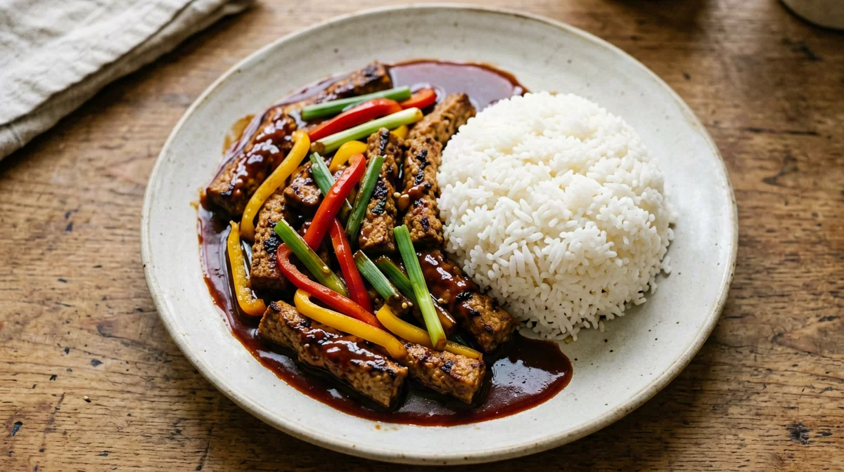Tempeh saltato alla hoisin con peperoni e cipollotti