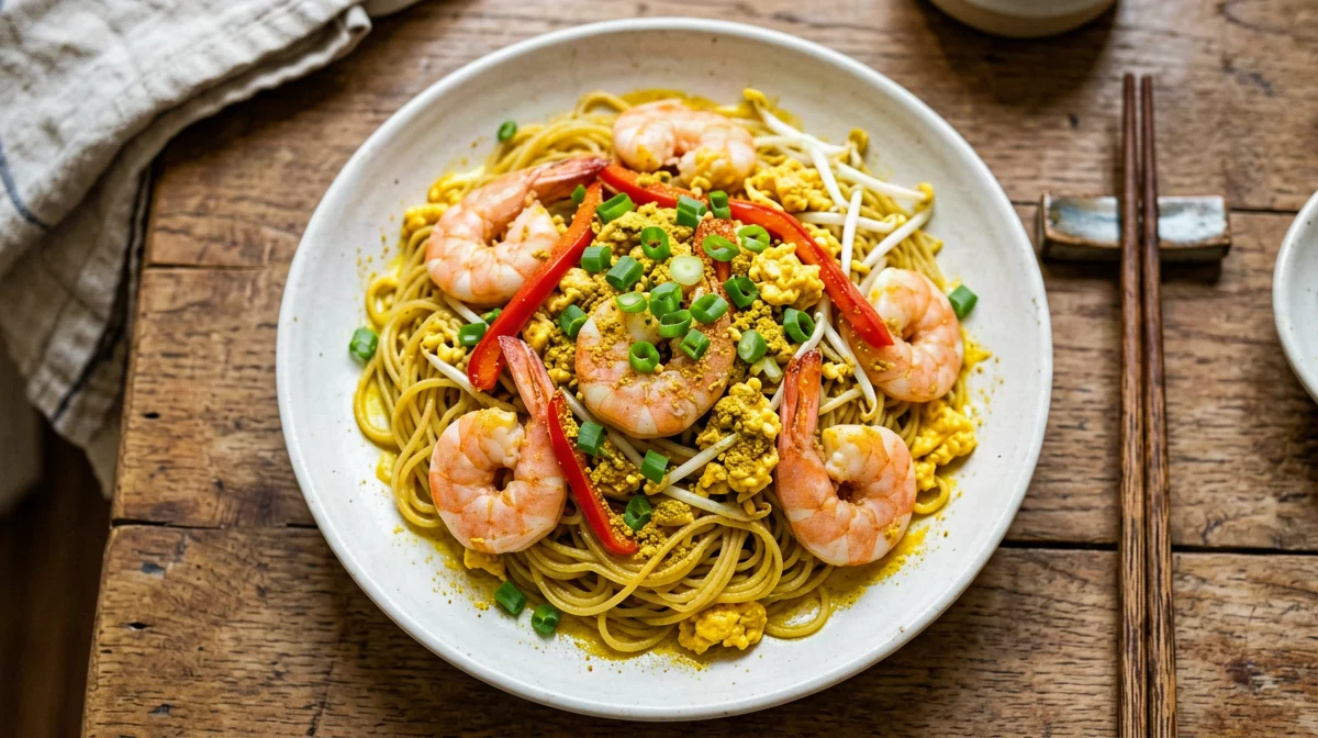 Singapore curry noodles with prawns and egg