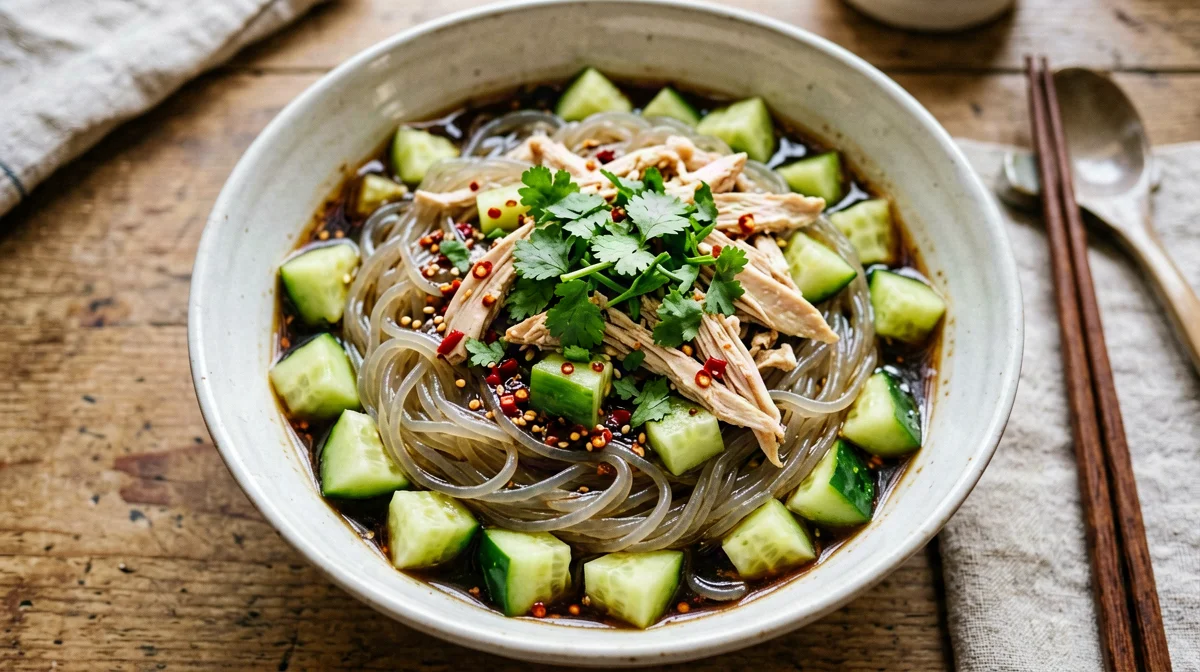 Glass noodles with smashed cucumber, chicken and garlic dressing