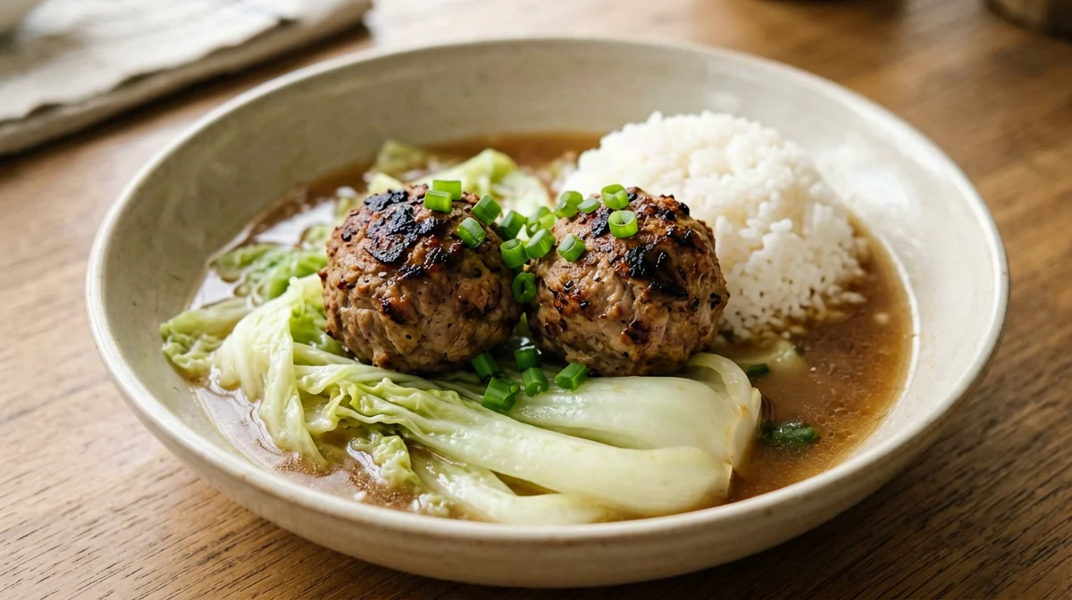 Polpette testa di leone di tacchino con cavolo cinese brasato