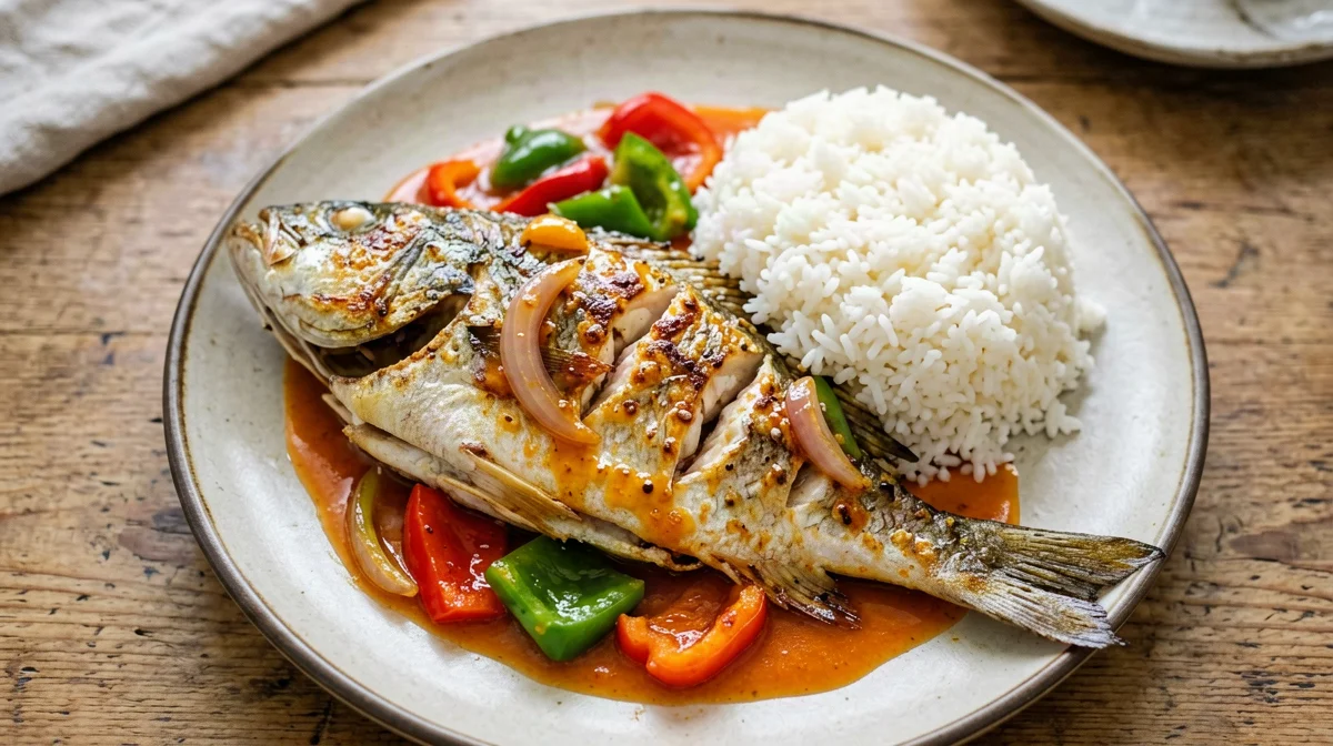 Sweet and sour tilapia with peppers and jasmine rice