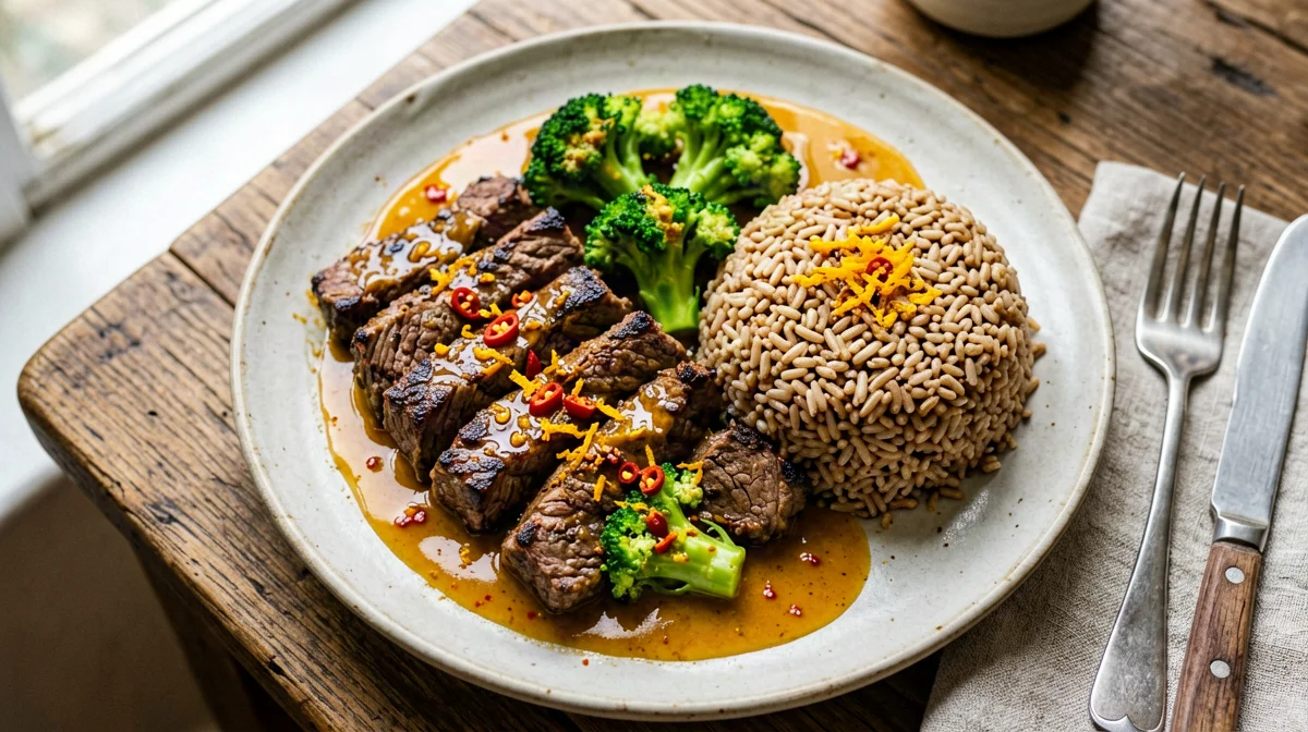 Orange beef with broccoli and brown rice