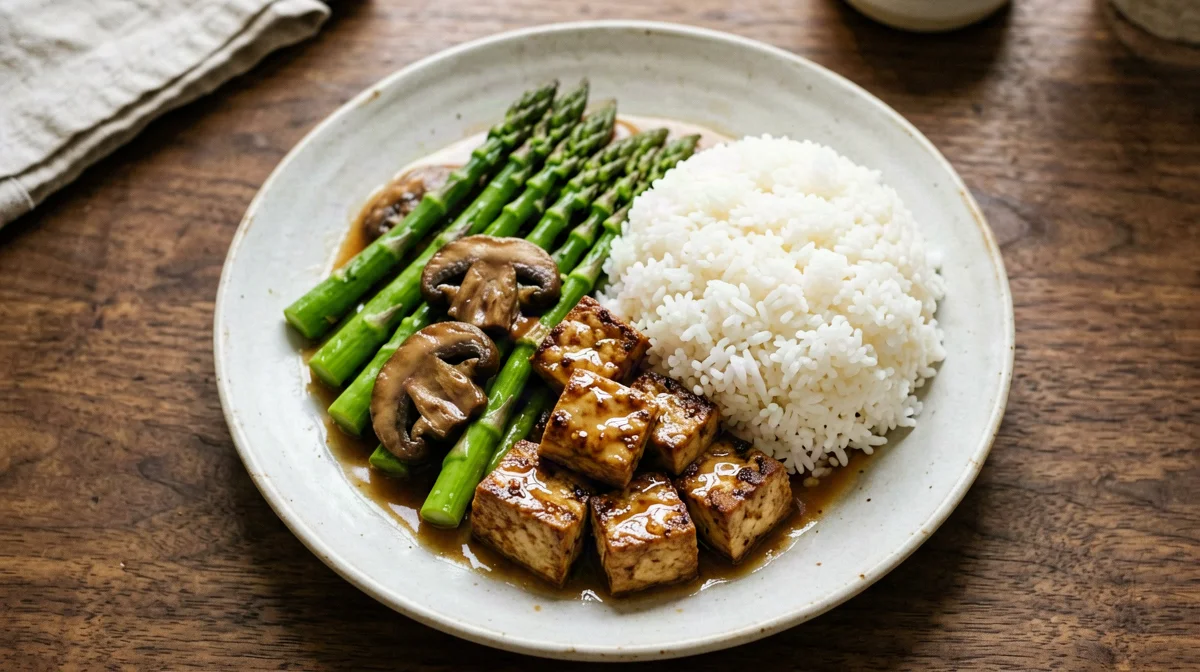 Asparagi e funghi saltati con tofu affumicato