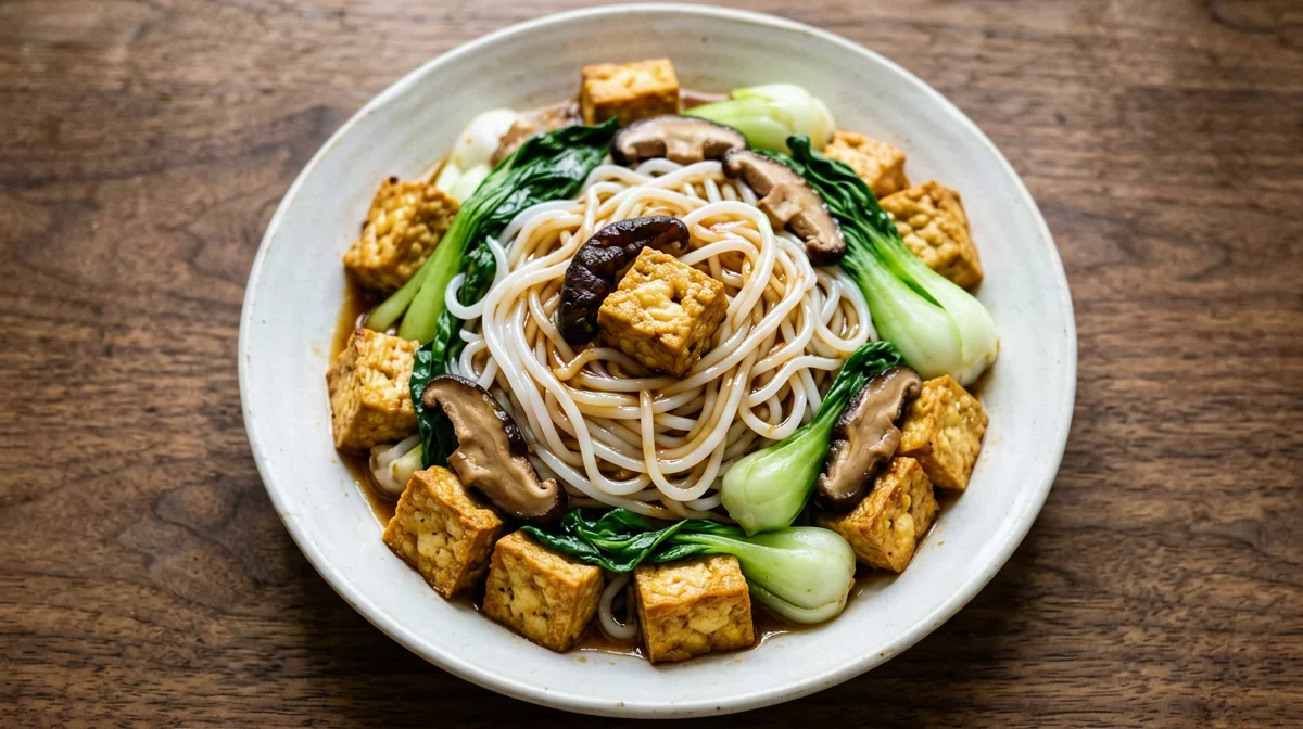 Noodle di riso saltati con pak choi, shiitake e tofu