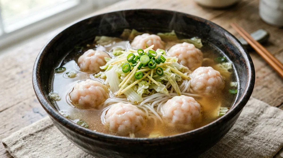 Zuppa di noodle con polpettine di gamberi e cavolo cinese