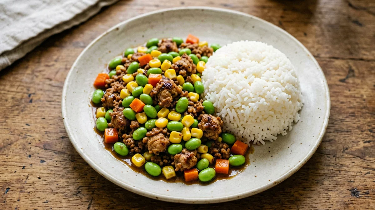 Edamame e mais saltati con macinato di pollo e riso