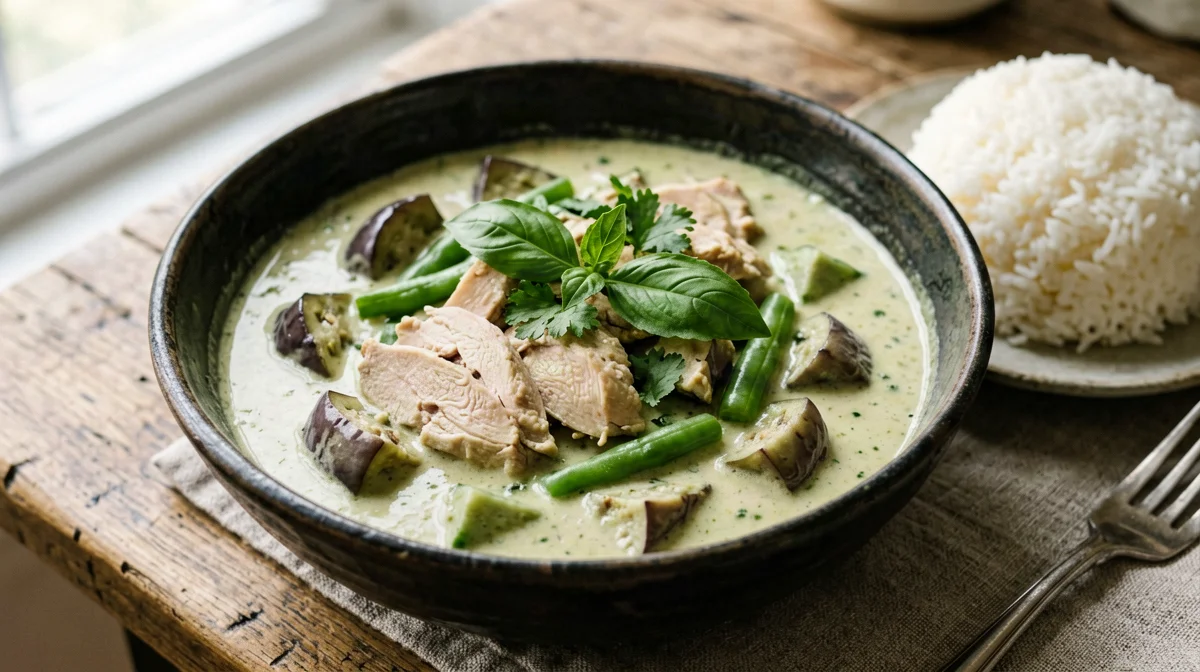 Curry verde thai di pollo con melanzane e riso jasmine