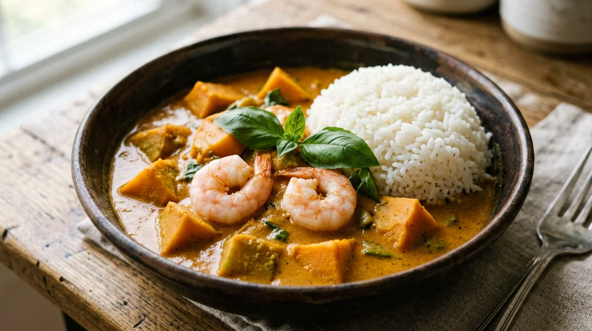 Red prawn and pumpkin curry with jasmine rice