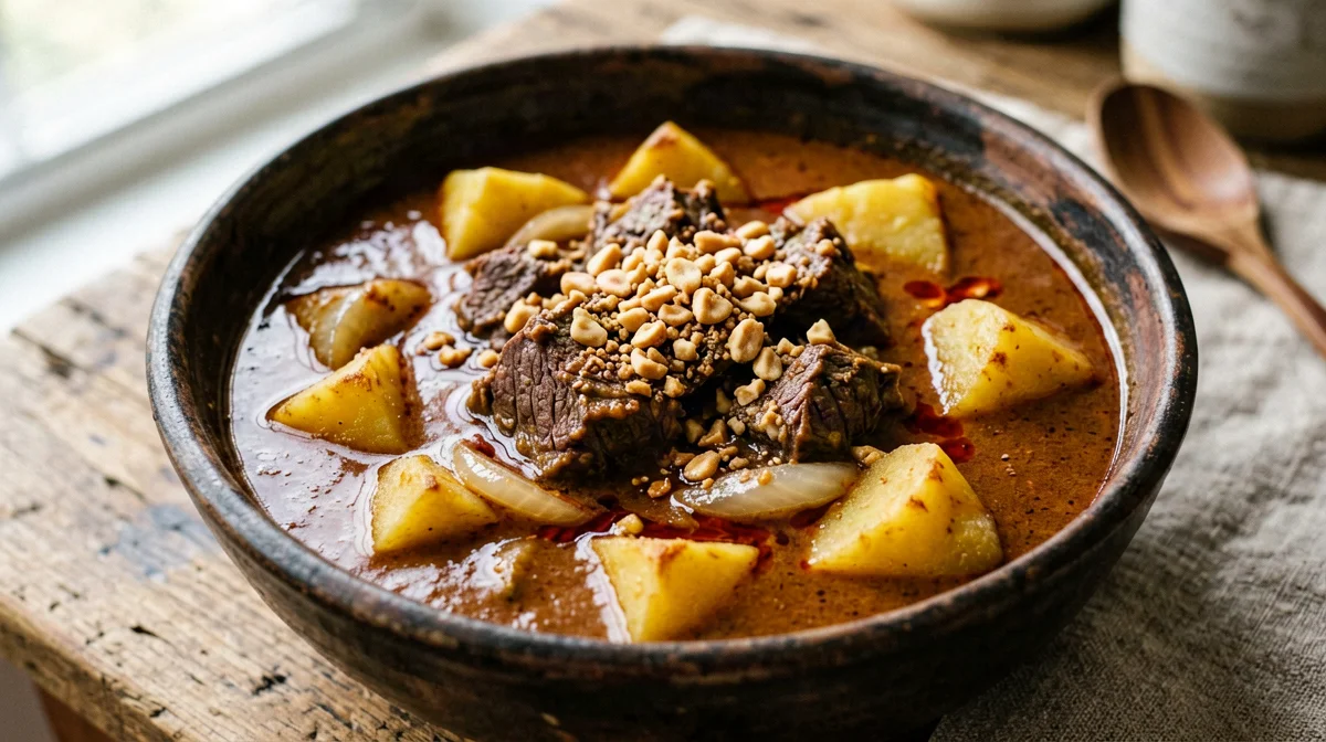 Light beef massaman curry with potatoes and peanuts