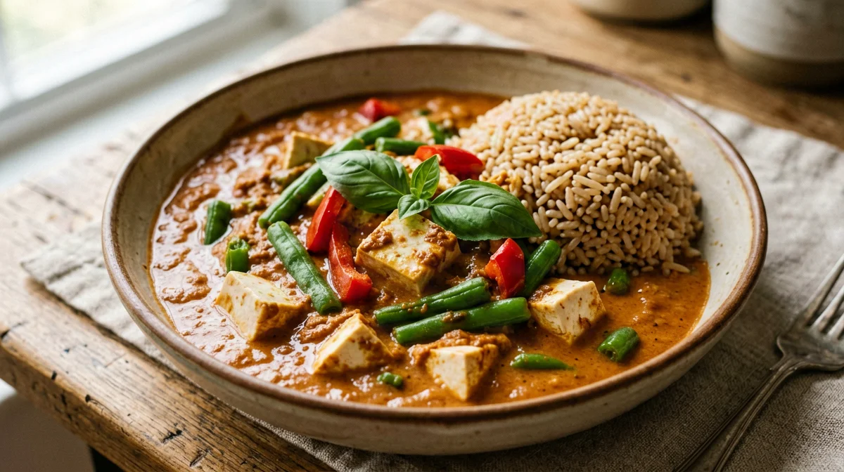 Panang di tofu con fagiolini e riso integrale