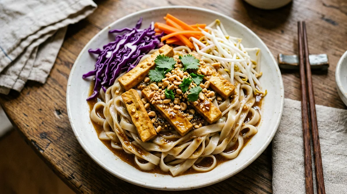 Vegan pad thai with tofu and red cabbage