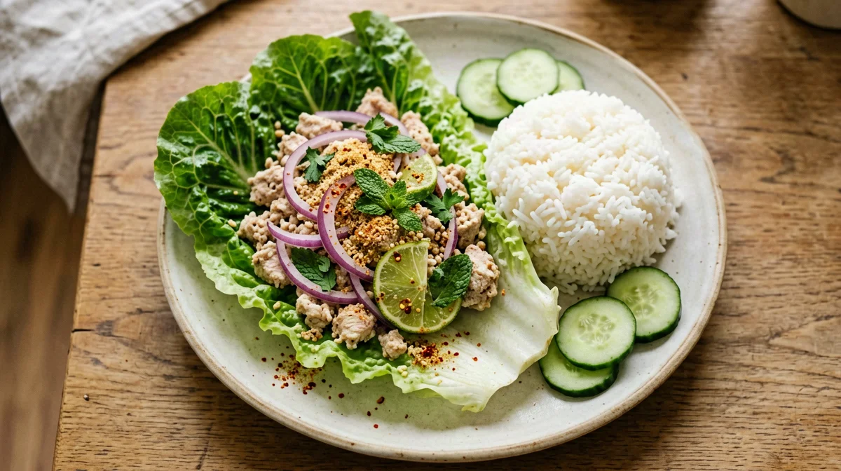 Larb di pollo con lattuga, menta e riso glutinoso