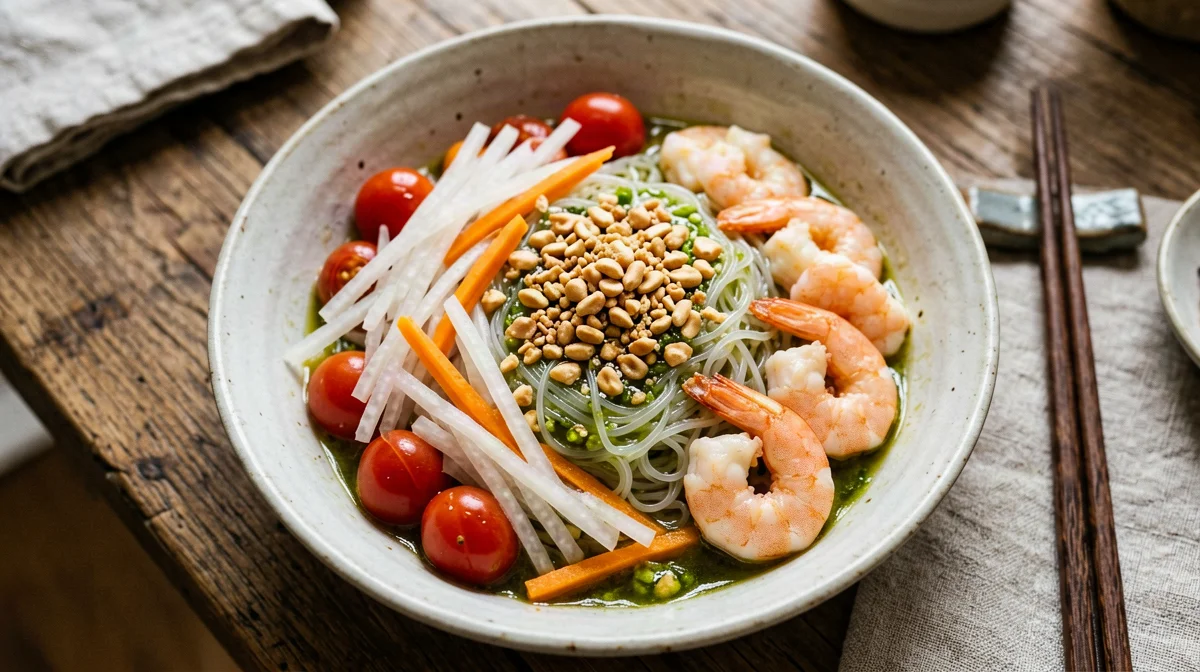 Insalata in stile som tam di daikon e carote con gamberi