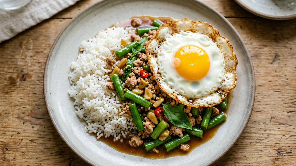 Thai basil chicken stir-fry with fried egg