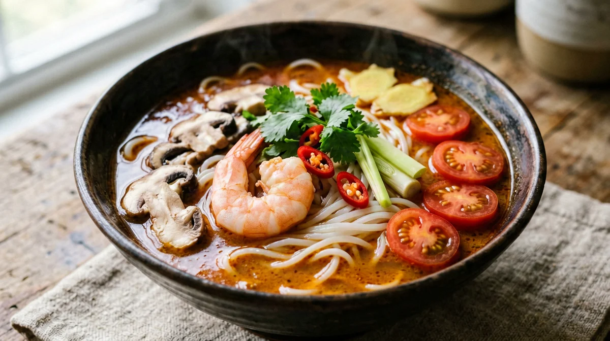 Tom yum di gamberi con funghi e spaghetti di riso