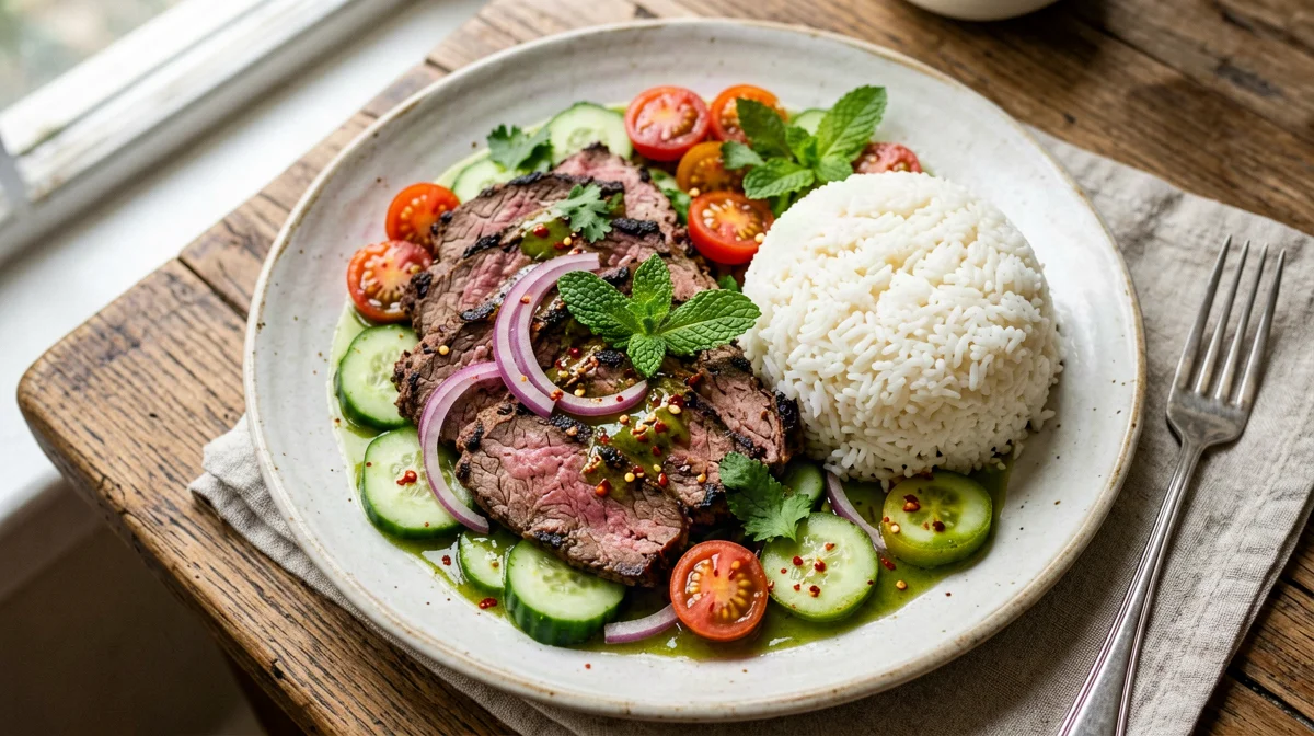 Thai beef salad with cucumber, mint and lime
