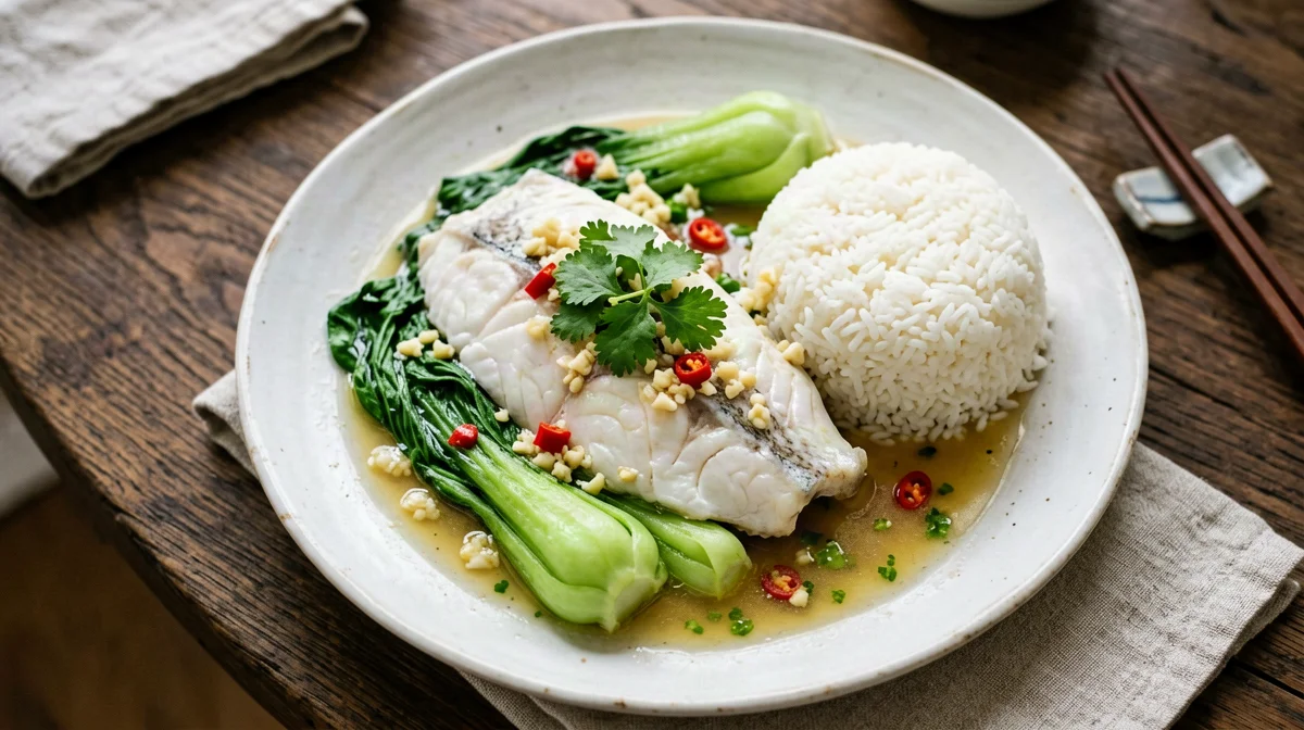 Steamed sea bass with lime, garlic and chilli